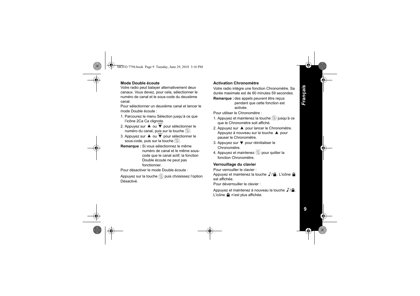 Mode double écoute, Activation chronomètre, Verrouillage du clavier | Motorola walkie talkie User Manual | Page 29 / 256