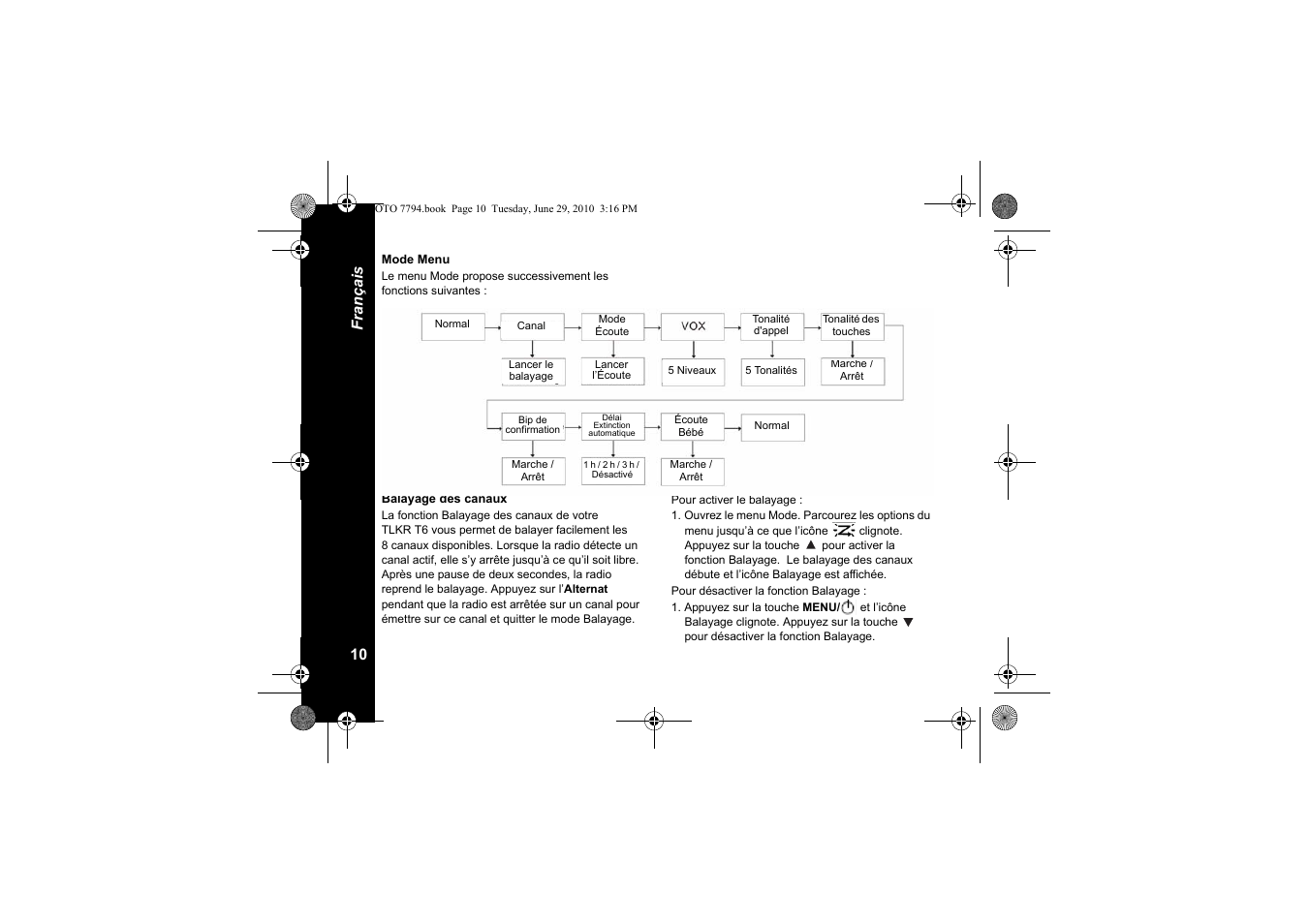 Mode menu, Balayage des canaux | Motorola walkie talkie User Manual | Page 30 / 256