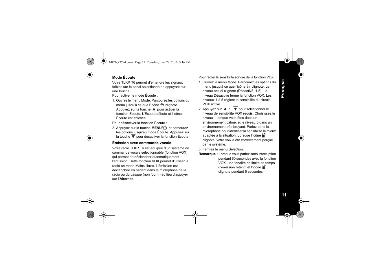 Mode écoute, Émission avec commande vocale | Motorola walkie talkie User Manual | Page 31 / 256