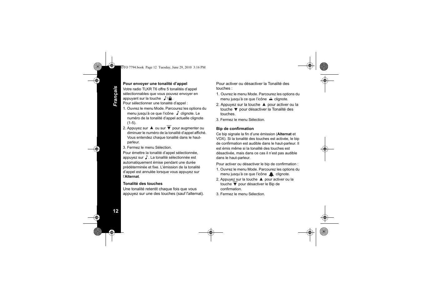 Pour envoyer une tonalité d’appel, Tonalité des touches, Bip de confirmation | Motorola walkie talkie User Manual | Page 32 / 256