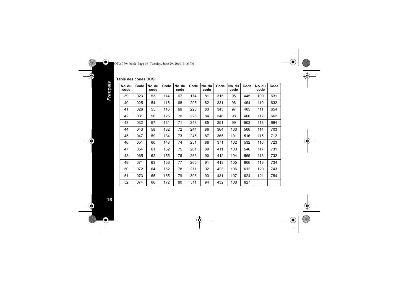 Table des codes dcs | Motorola walkie talkie User Manual | Page 36 / 256