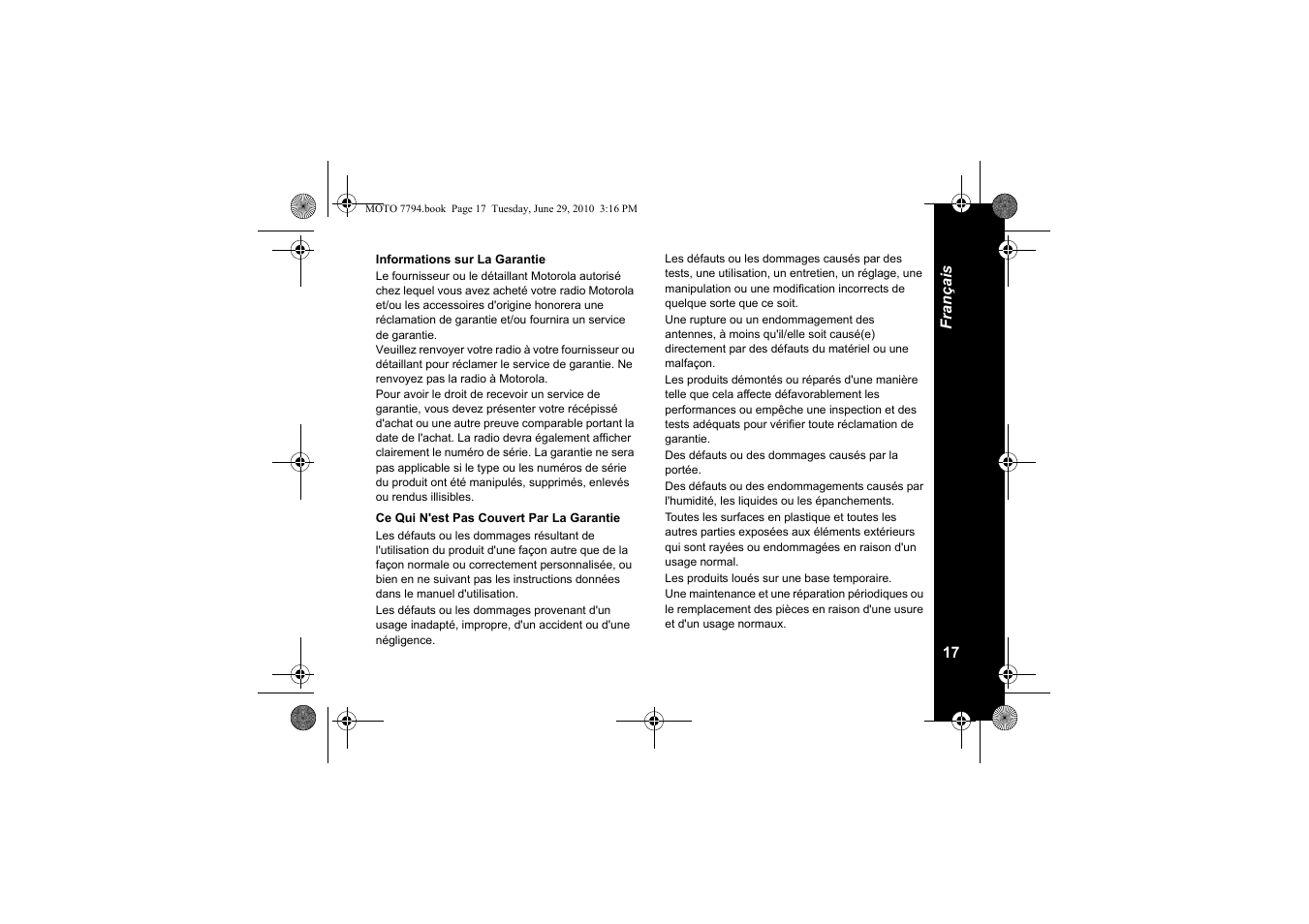 Informations sur la garantie, Ce qui n'est pas couvert par la garantie | Motorola walkie talkie User Manual | Page 37 / 256