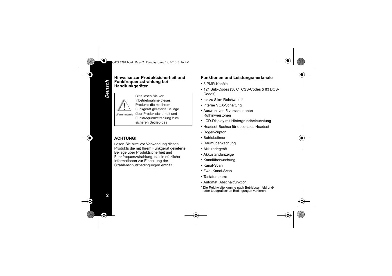 Funktionen und leistungsmerkmale | Motorola walkie talkie User Manual | Page 40 / 256