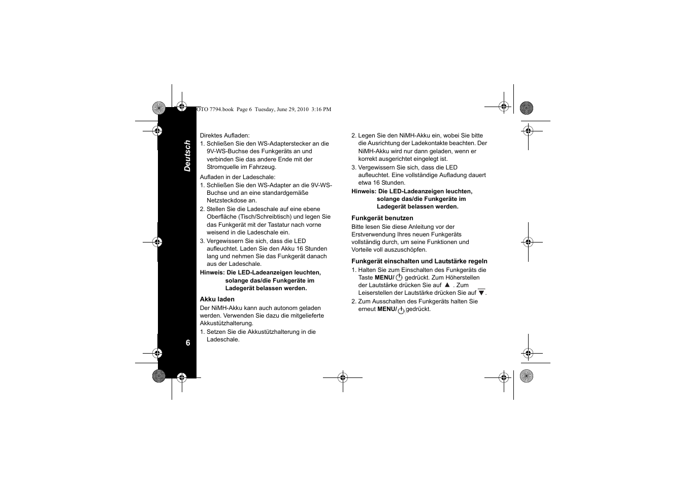 Akku laden, Funkgerät benutzen, Funkgerät einschalten und lautstärke regeln | Motorola walkie talkie User Manual | Page 44 / 256