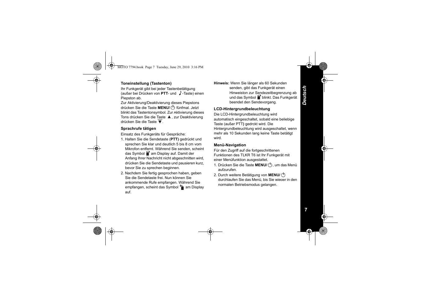 Toneinstellung (tastenton), Sprachrufe tätigen, Lcd-hintergrundbeleuchtung | Menü-navigation | Motorola walkie talkie User Manual | Page 45 / 256