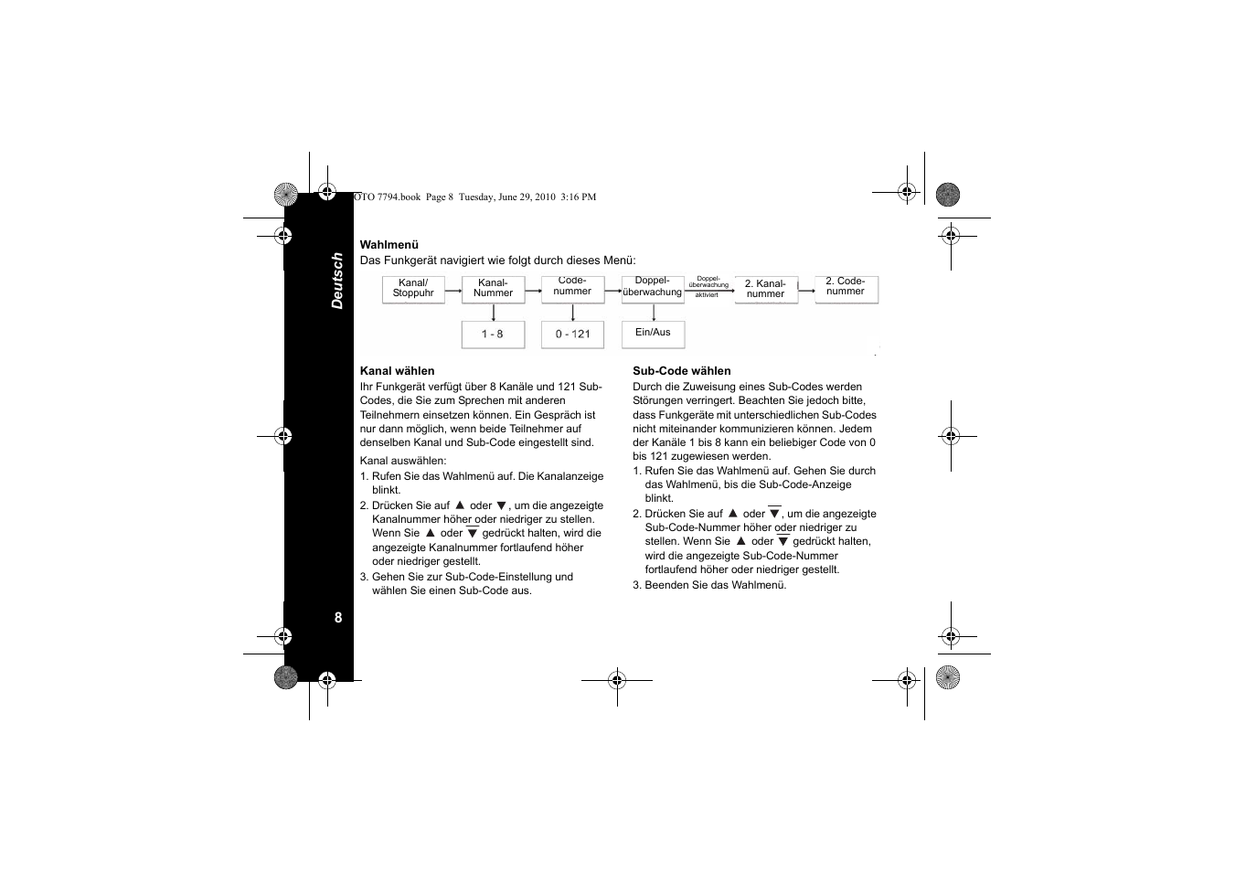 Wahlmenü, Kanal wählen, Sub-code wählen | Motorola walkie talkie User Manual | Page 46 / 256