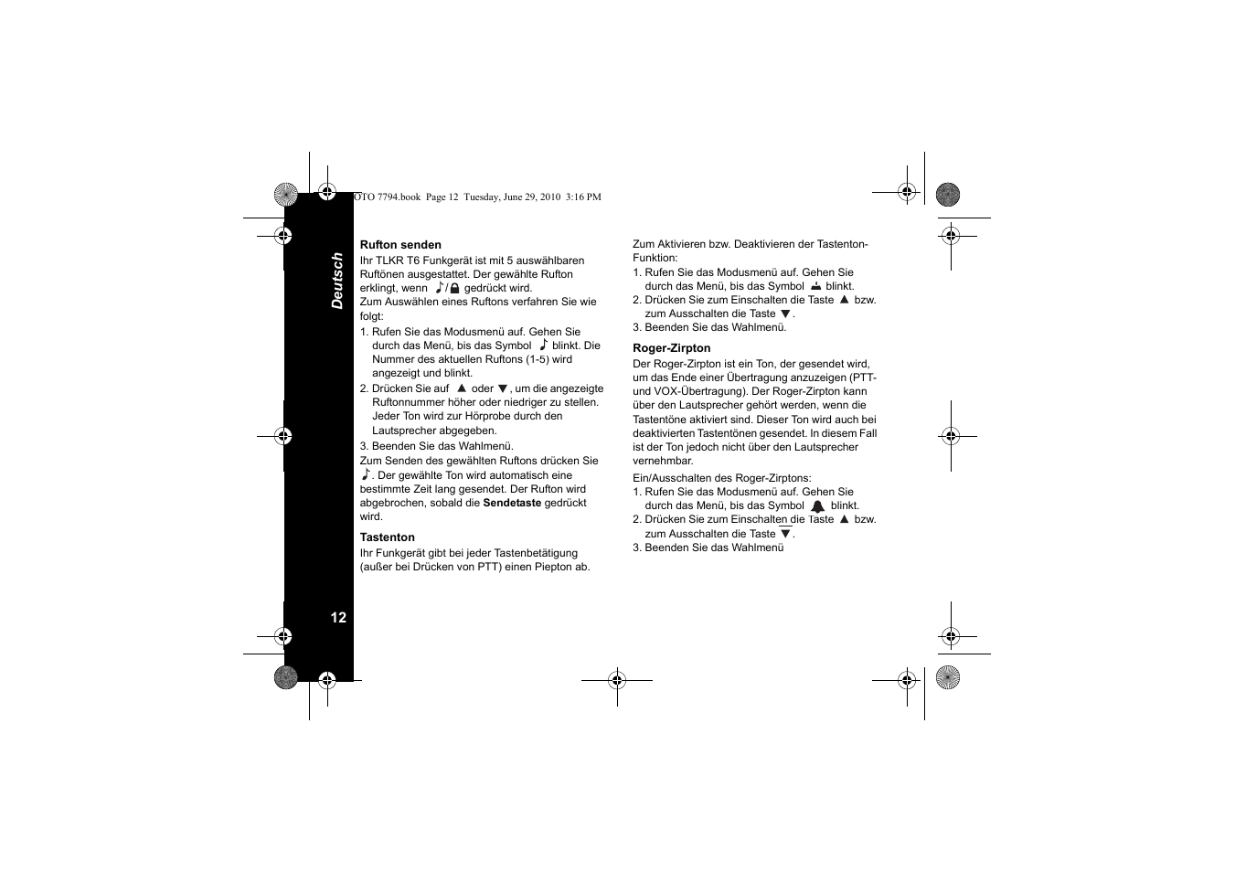 Rufton senden, Tastenton, Roger-zirpton | Motorola walkie talkie User Manual | Page 50 / 256