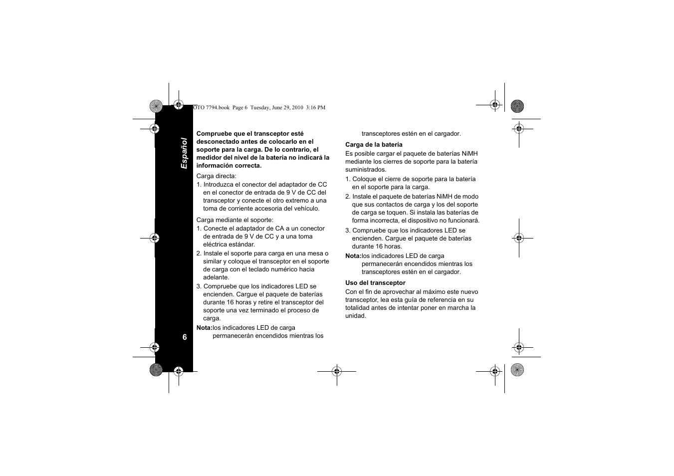 Carga de la batería, Uso del transceptor | Motorola walkie talkie User Manual | Page 62 / 256