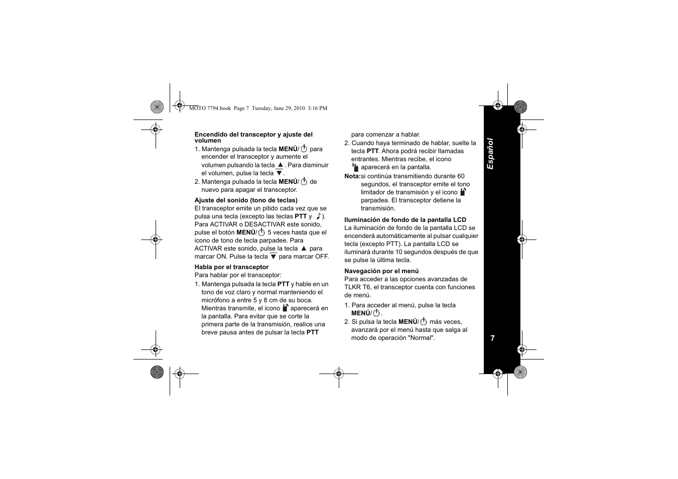 Encendido del transceptor y ajuste del volumen, Ajuste del sonido (tono de teclas), Habla por el transceptor | Iluminación de fondo de la pantalla lcd, Navegación por el menú | Motorola walkie talkie User Manual | Page 63 / 256