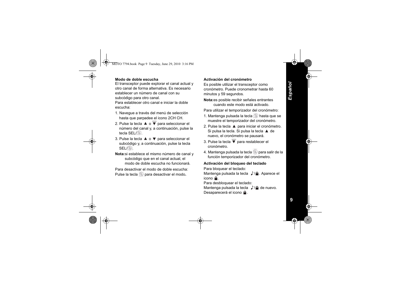 Modo de doble escucha, Activación del cronómetro, Activación del bloqueo del teclado | Motorola walkie talkie User Manual | Page 65 / 256