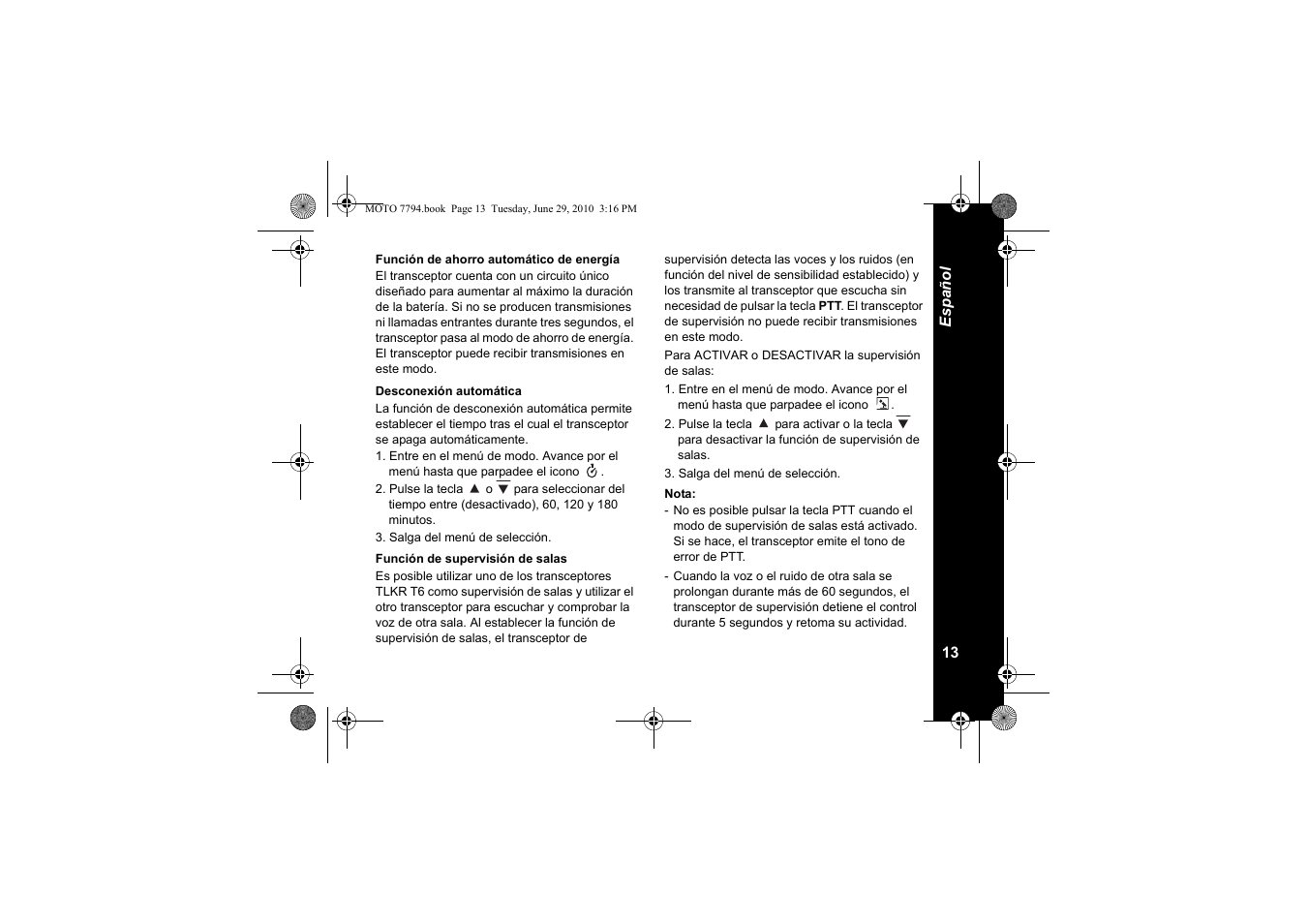 Función de ahorro automático de energía, Desconexión automática, Función de supervisión de salas | Motorola walkie talkie User Manual | Page 69 / 256