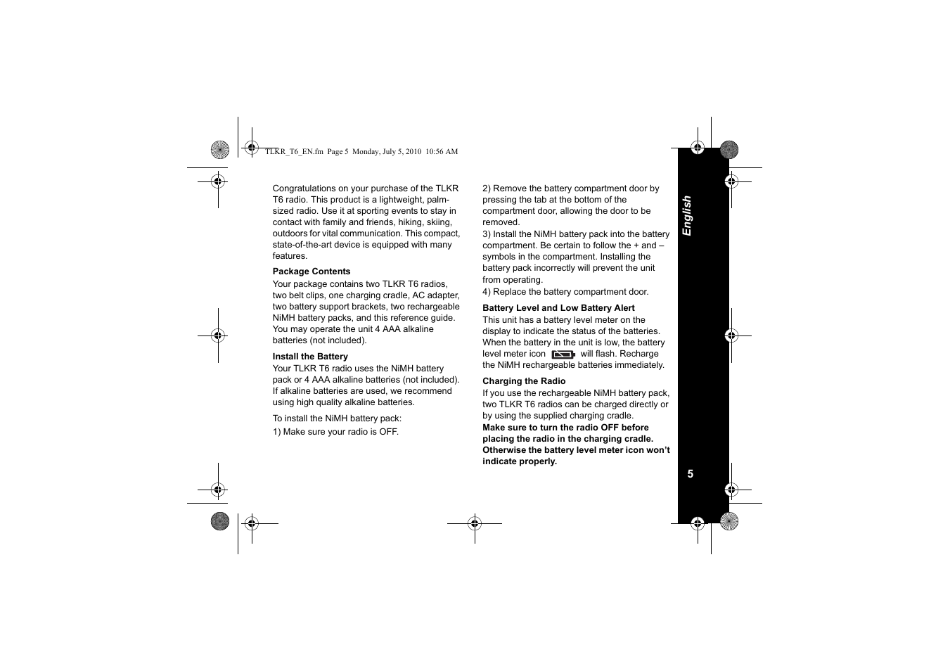 Package contents, Install the battery, Battery level and low battery alert | Charging the radio | Motorola walkie talkie User Manual | Page 7 / 256