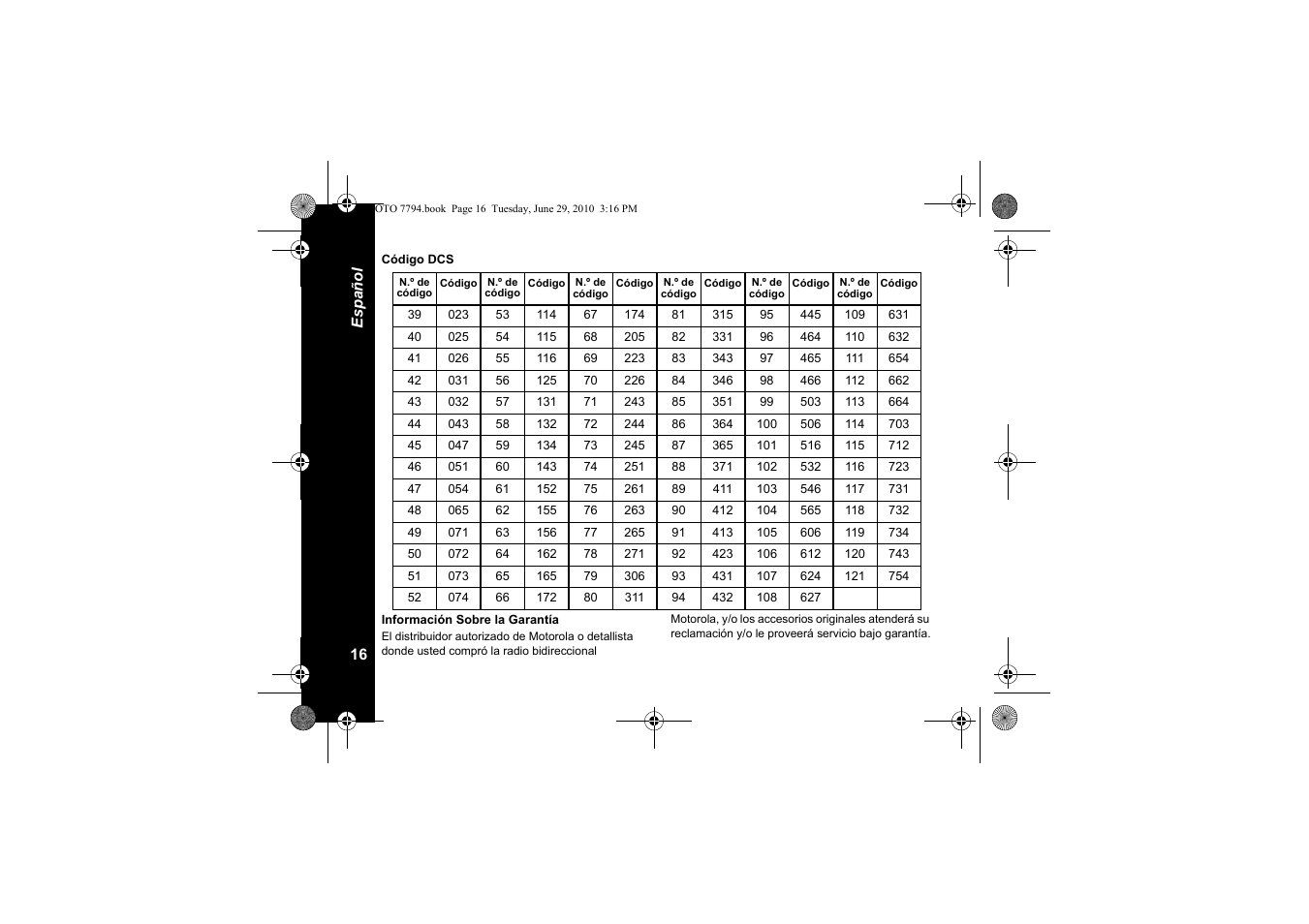 Código dcs, Información sobre la garantía | Motorola walkie talkie User Manual | Page 72 / 256