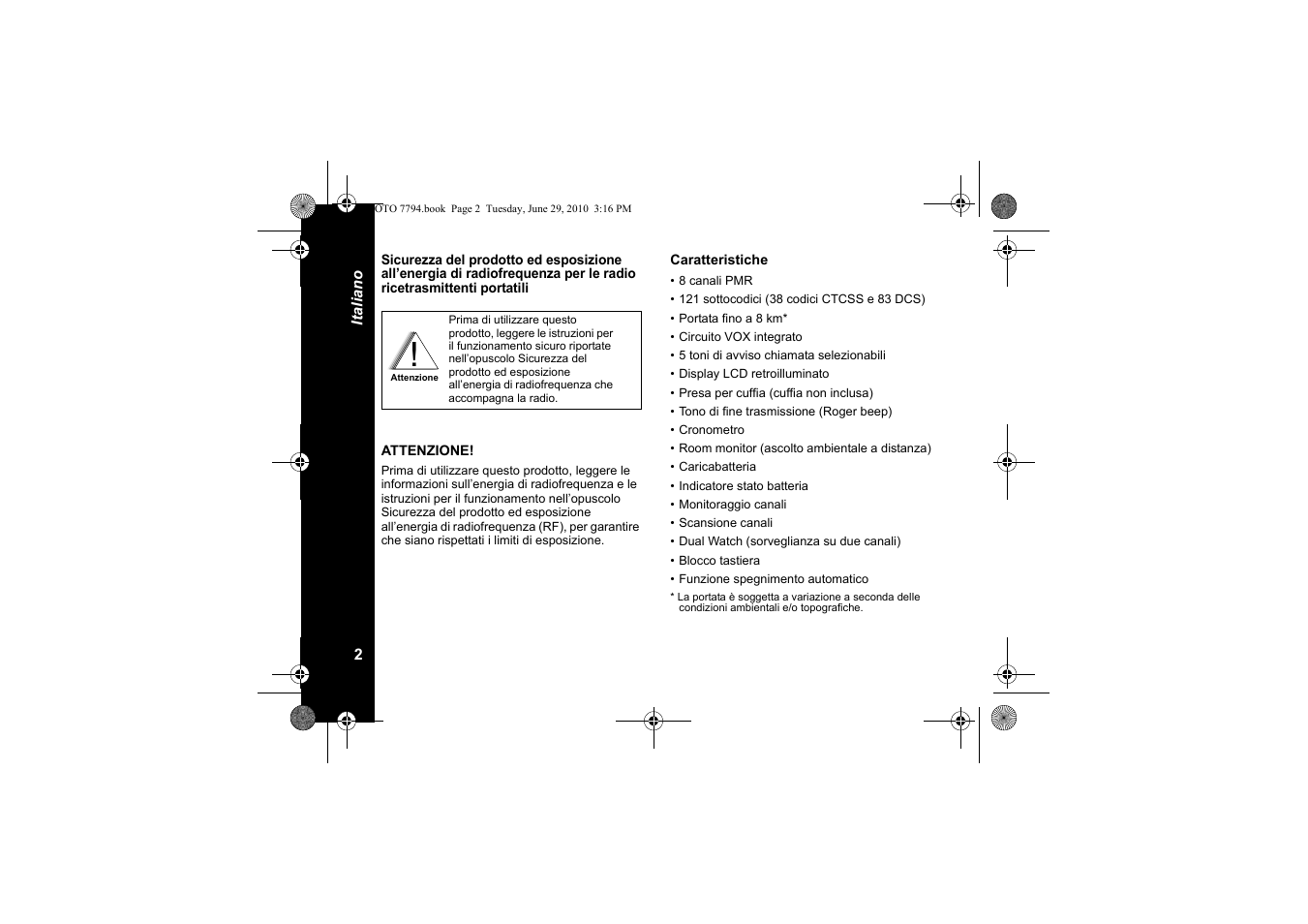 Caratteristiche | Motorola walkie talkie User Manual | Page 76 / 256