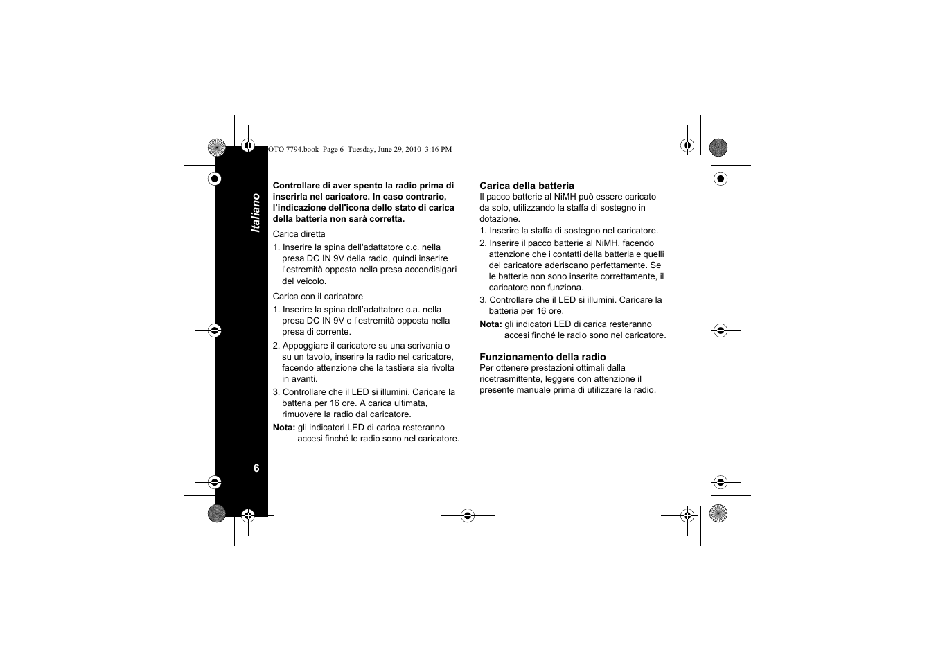 Carica della batteria, Funzionamento della radio | Motorola walkie talkie User Manual | Page 80 / 256