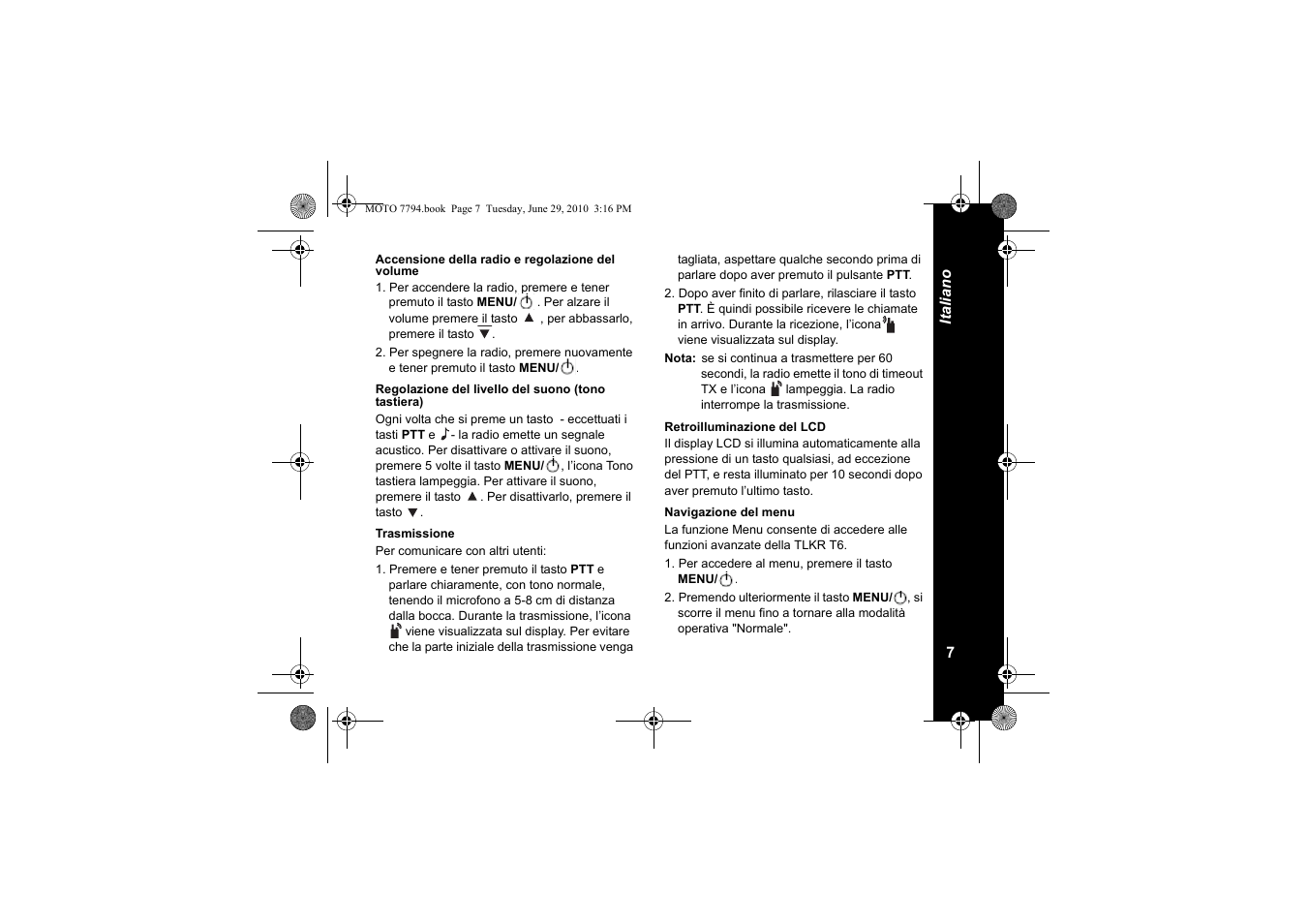 Accensione della radio e regolazione del volume, Regolazione del livello del suono (tono tastiera), Trasmissione | Retroilluminazione del lcd, Navigazione del menu | Motorola walkie talkie User Manual | Page 81 / 256