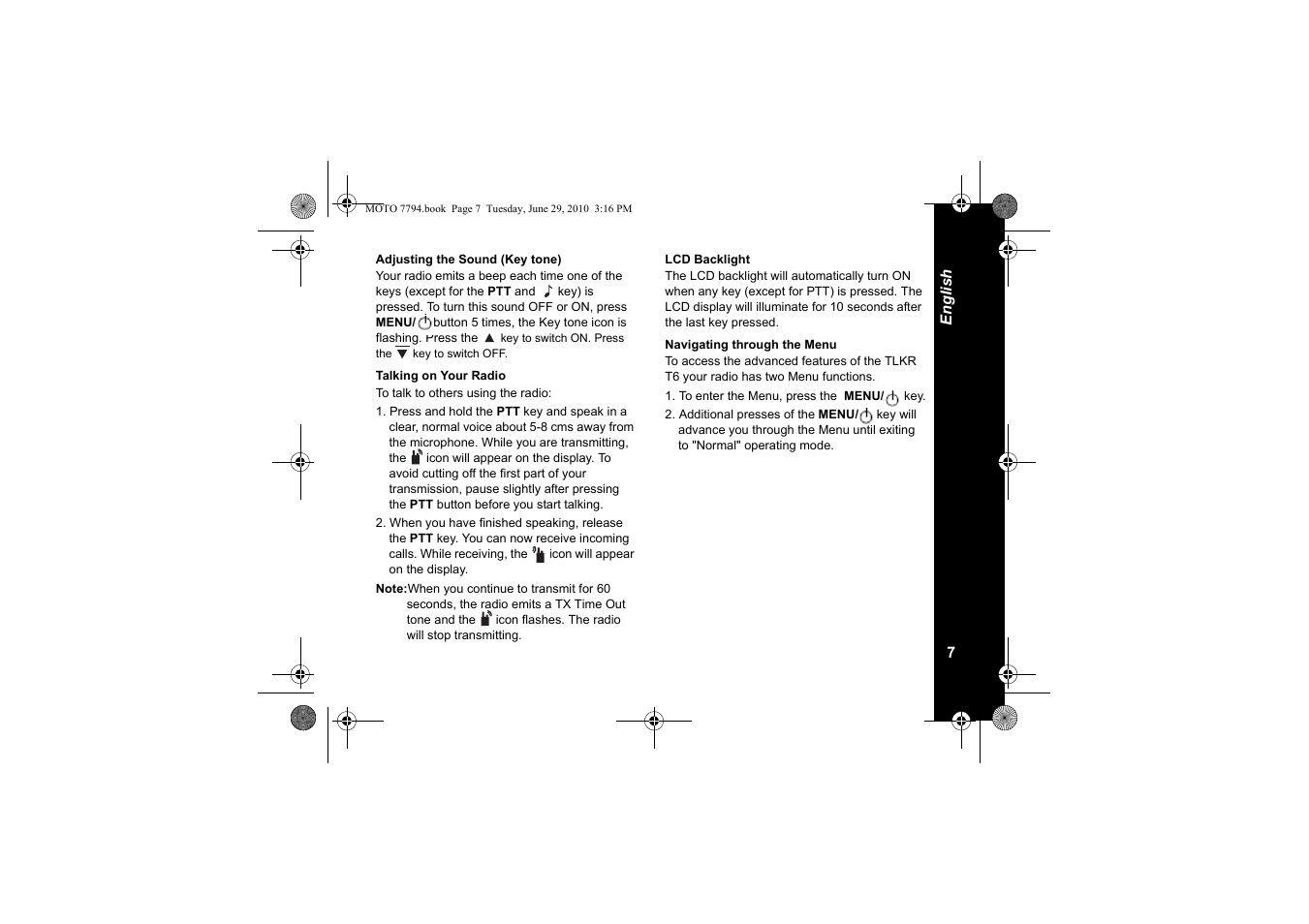 Adjusting the sound (key tone), Talking on your radio, Lcd backlight | Navigating through the menu | Motorola walkie talkie User Manual | Page 9 / 256