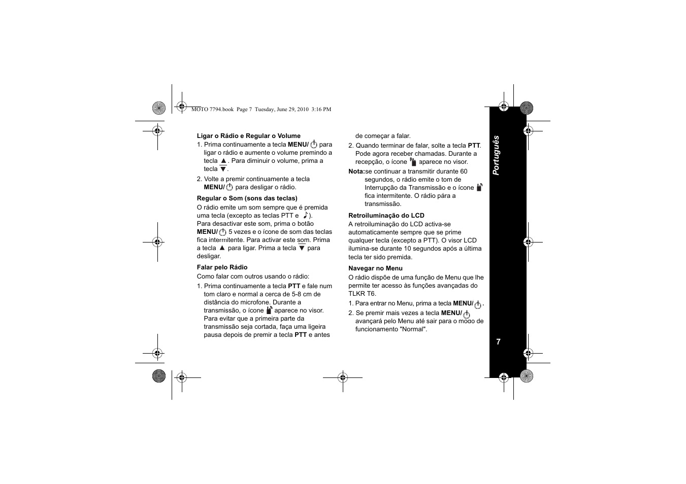 Ligar o rádio e regular o volume, Regular o som (sons das teclas), Falar pelo rádio | Retroiluminação do lcd, Navegar no menu | Motorola walkie talkie User Manual | Page 99 / 256