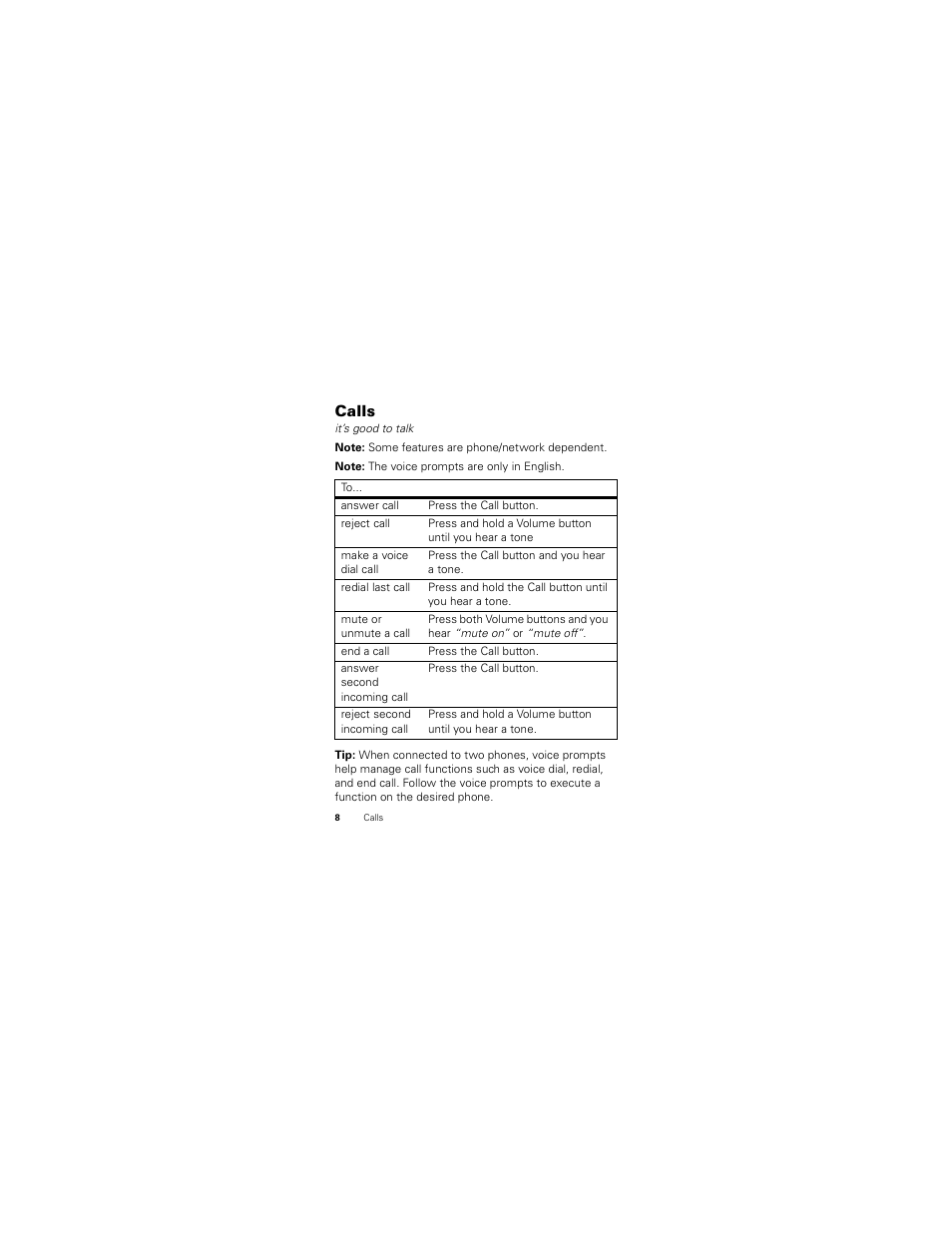 Calls | Motorola H730 User Manual | Page 10 / 106