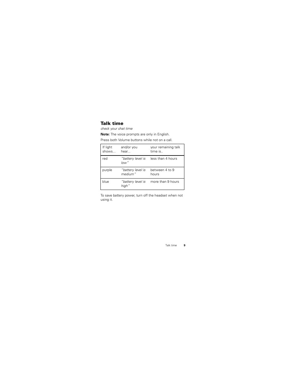 Talk time | Motorola H730 User Manual | Page 11 / 106