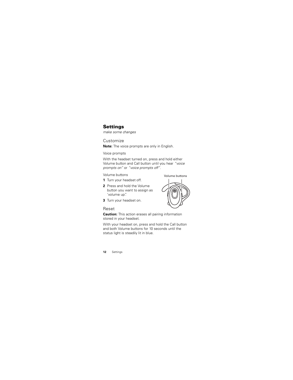 Settings, Customize, Reset | Motorola H730 User Manual | Page 14 / 106