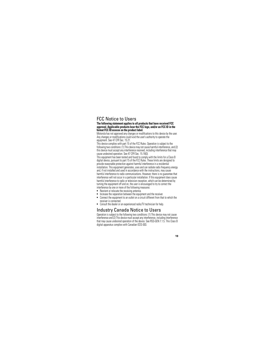 Fcc notice, Industry canada notice, Fcc notice to users | Industry canada notice to users | Motorola H730 User Manual | Page 21 / 106