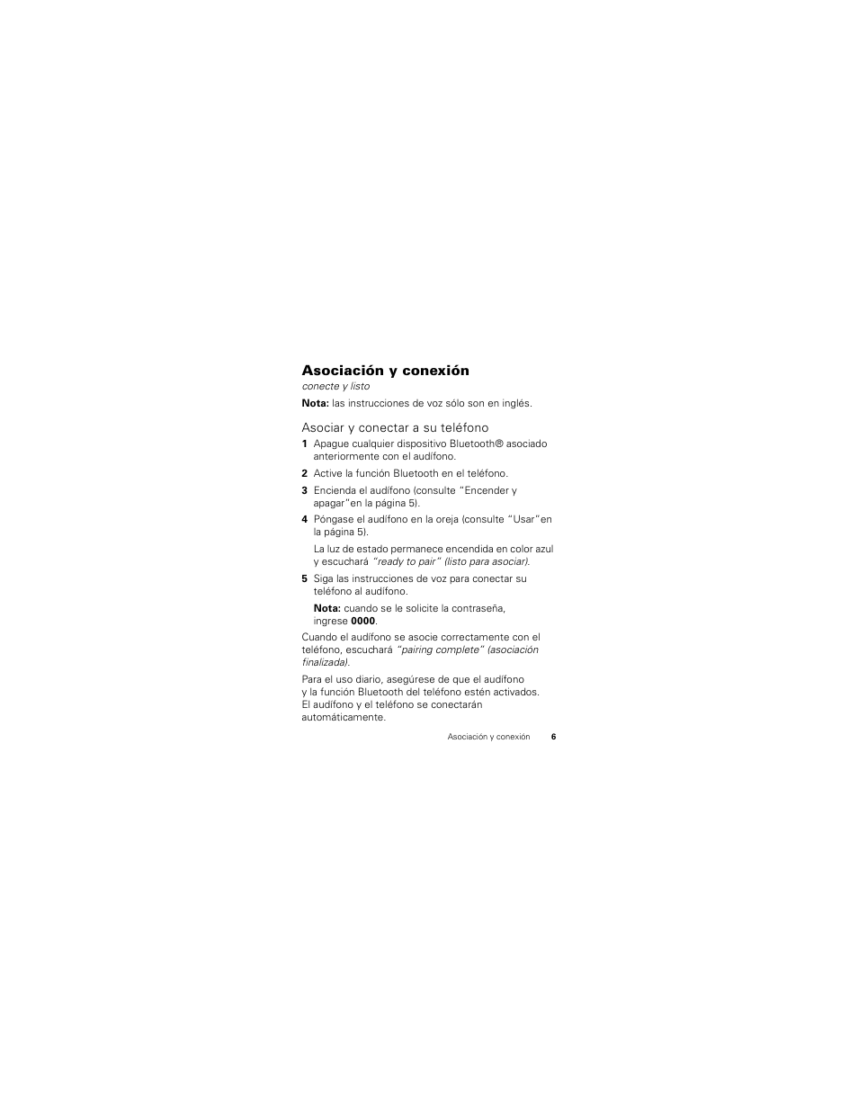 Asociación y conexión, Asociar y conectar a su teléfono | Motorola H730 User Manual | Page 37 / 106