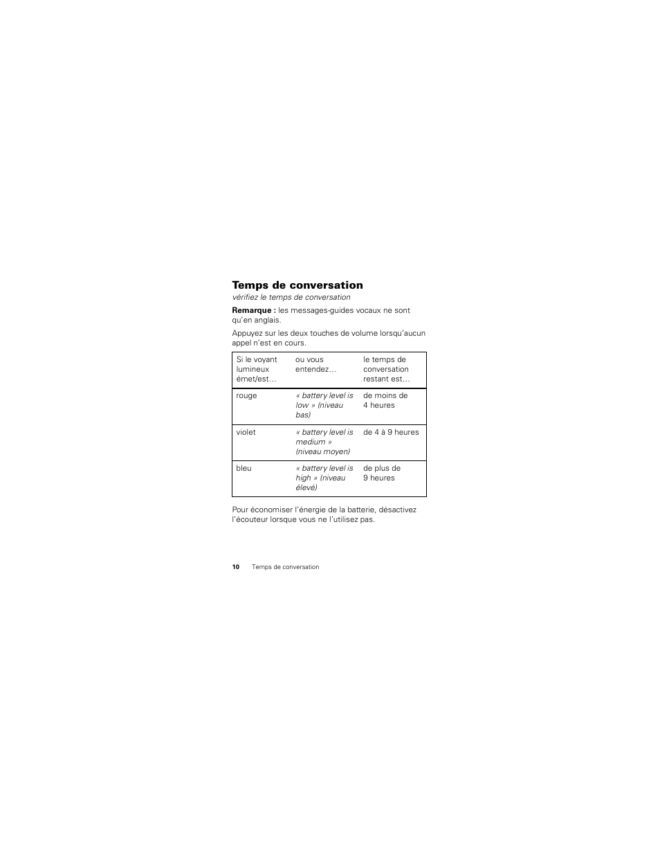 Temps de conversation | Motorola H730 User Manual | Page 78 / 106