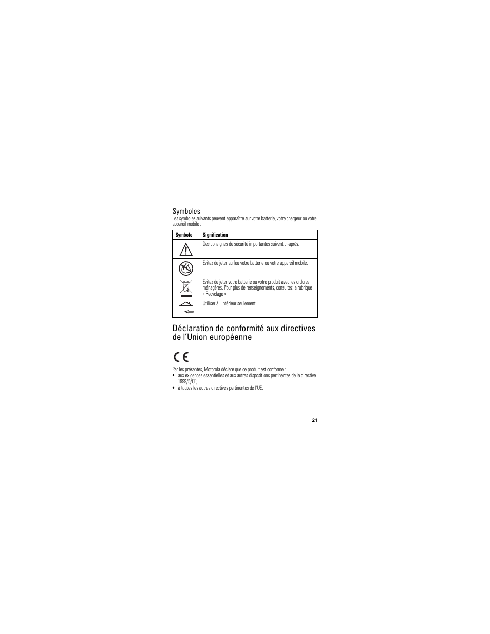 Conformité à l’ue, Symboles | Motorola H730 User Manual | Page 89 / 106