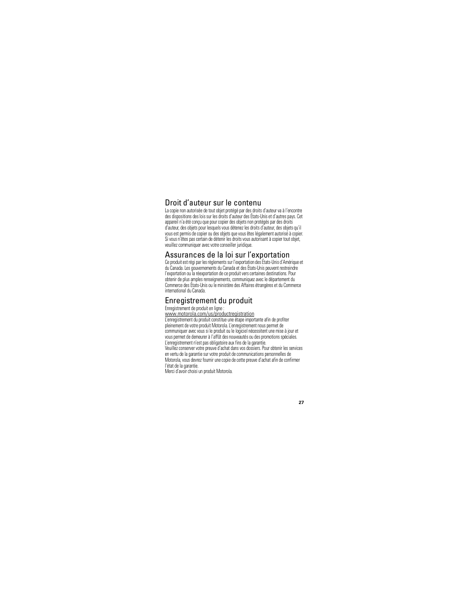 Droit d’auteur sur le contenu, Loi sur l’exportation, Enregistrement | Assurances de la loi sur l’exportation, Enregistrement du produit | Motorola H730 User Manual | Page 95 / 106