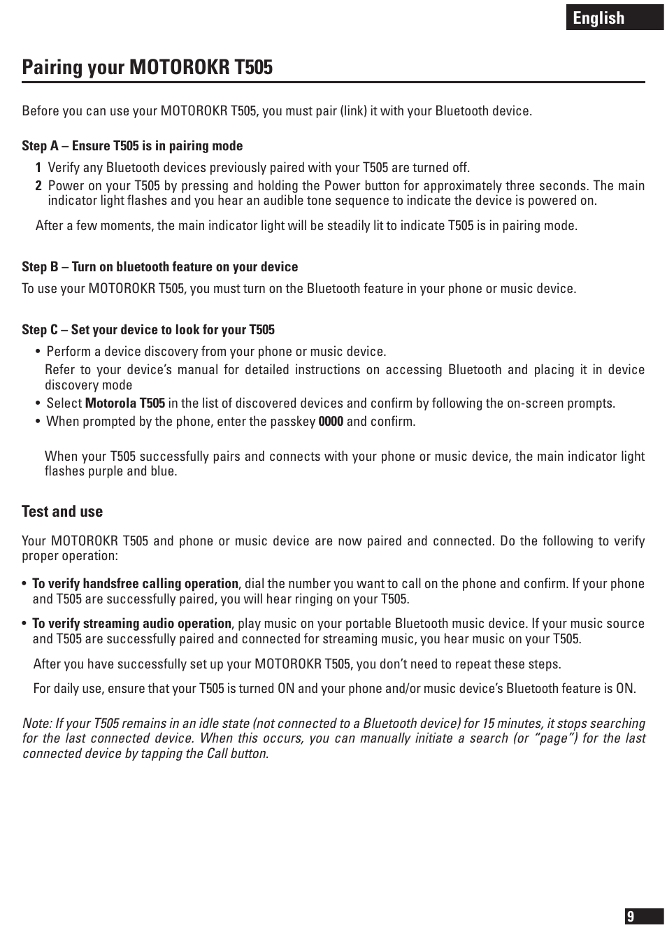 Pairing your motorokr t505, English | Motorola T505 User Manual | Page 10 / 16