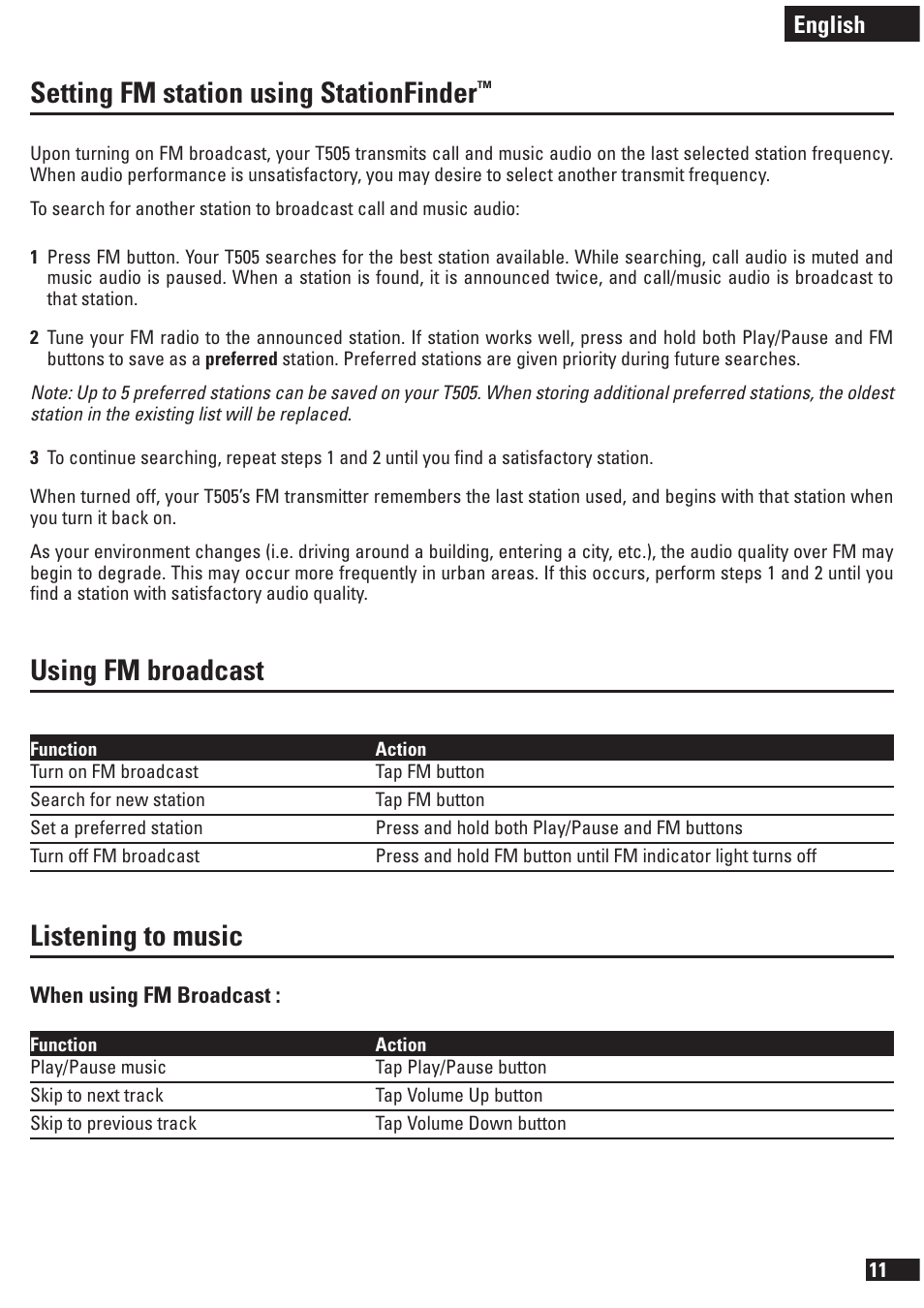 Setting fm station using stationfinder, Using fm broadcast, Listening to music | English | Motorola T505 User Manual | Page 12 / 16