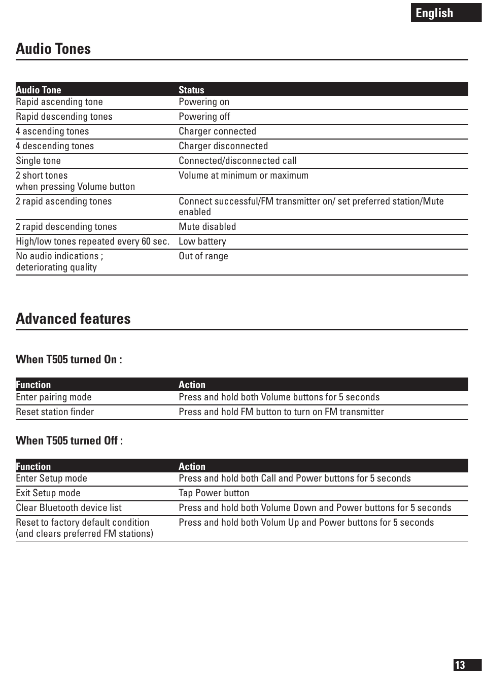 Audio tones, Advanced features, English | Motorola T505 User Manual | Page 14 / 16