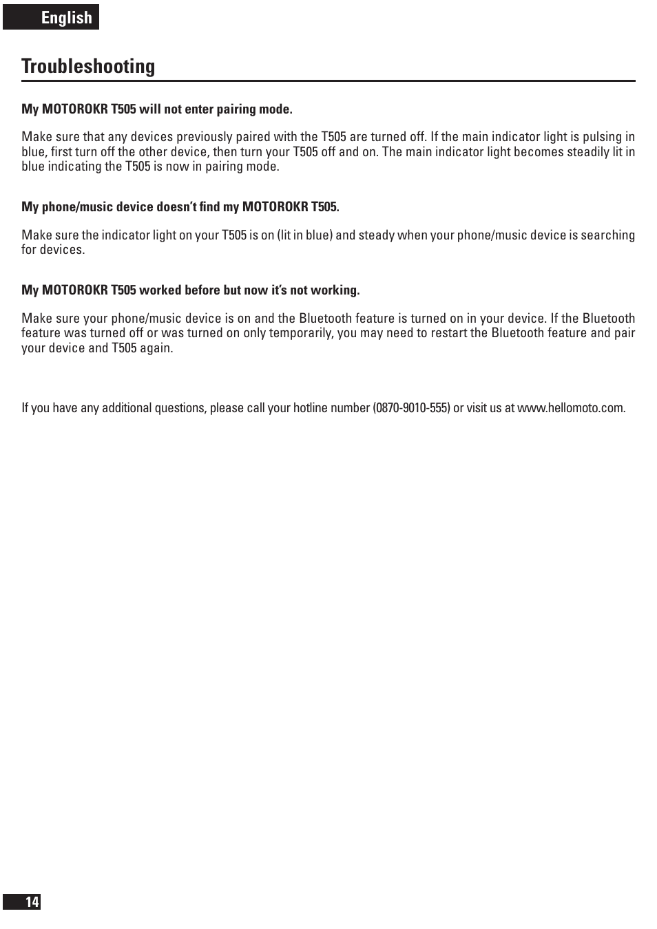 Troubleshooting | Motorola T505 User Manual | Page 15 / 16