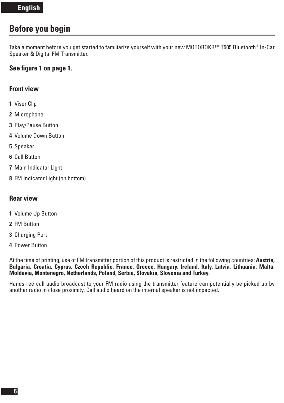 Before you begin, English | Motorola T505 User Manual | Page 7 / 16