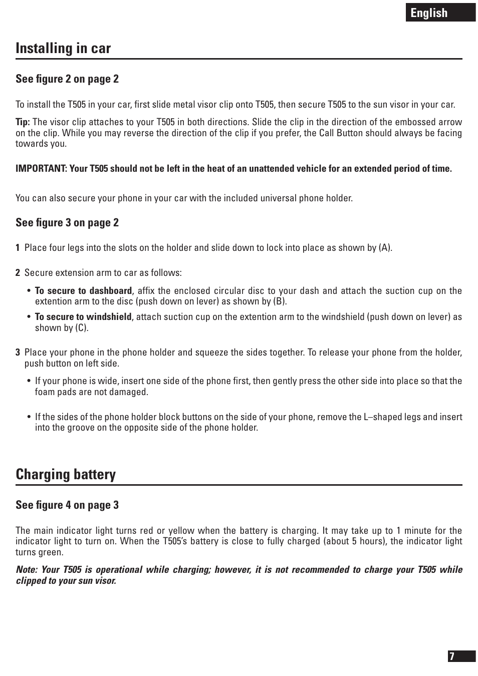 Installing in car, Charging battery | Motorola T505 User Manual | Page 8 / 16