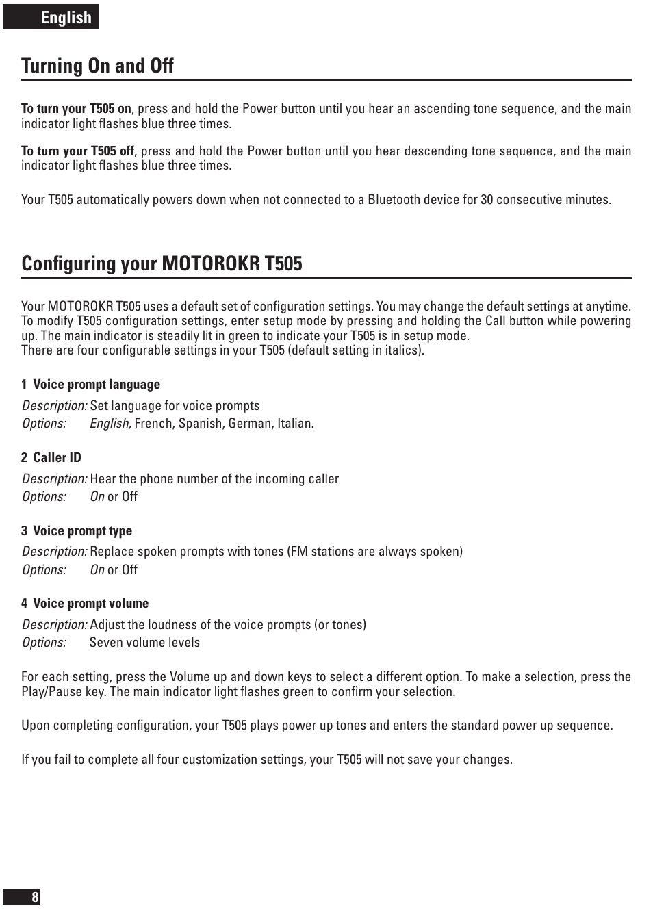 Turning on and off, Conﬁguring your motorokr t505, English | Motorola T505 User Manual | Page 9 / 16