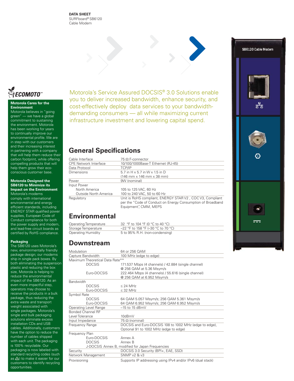 General specifications, Environmental downstream, Motorola’s service assured docsis | Motorola sb6120 User Manual | Page 2 / 3