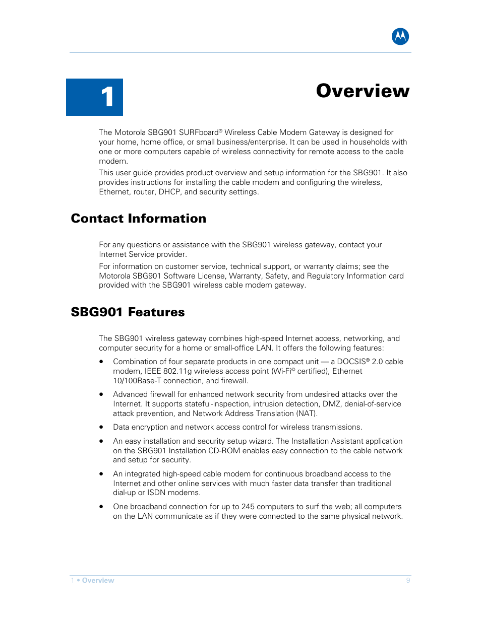 Overview, Contact information, Sbg901 features | Motorola SURFboard SBG901 User Manual | Page 10 / 86