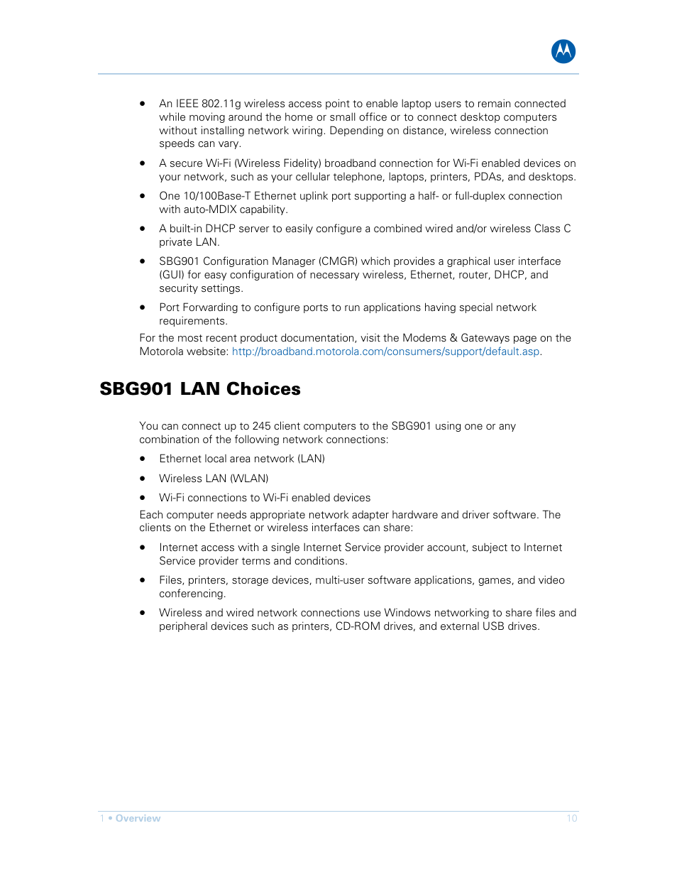 Sbg901 lan choices | Motorola SURFboard SBG901 User Manual | Page 11 / 86