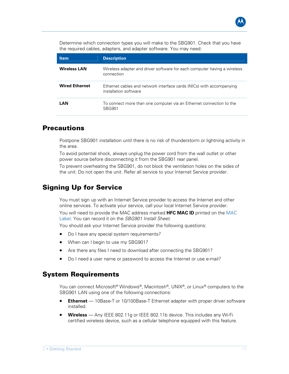 Precautions, Signing up for service, System requirements | Motorola SURFboard SBG901 User Manual | Page 18 / 86