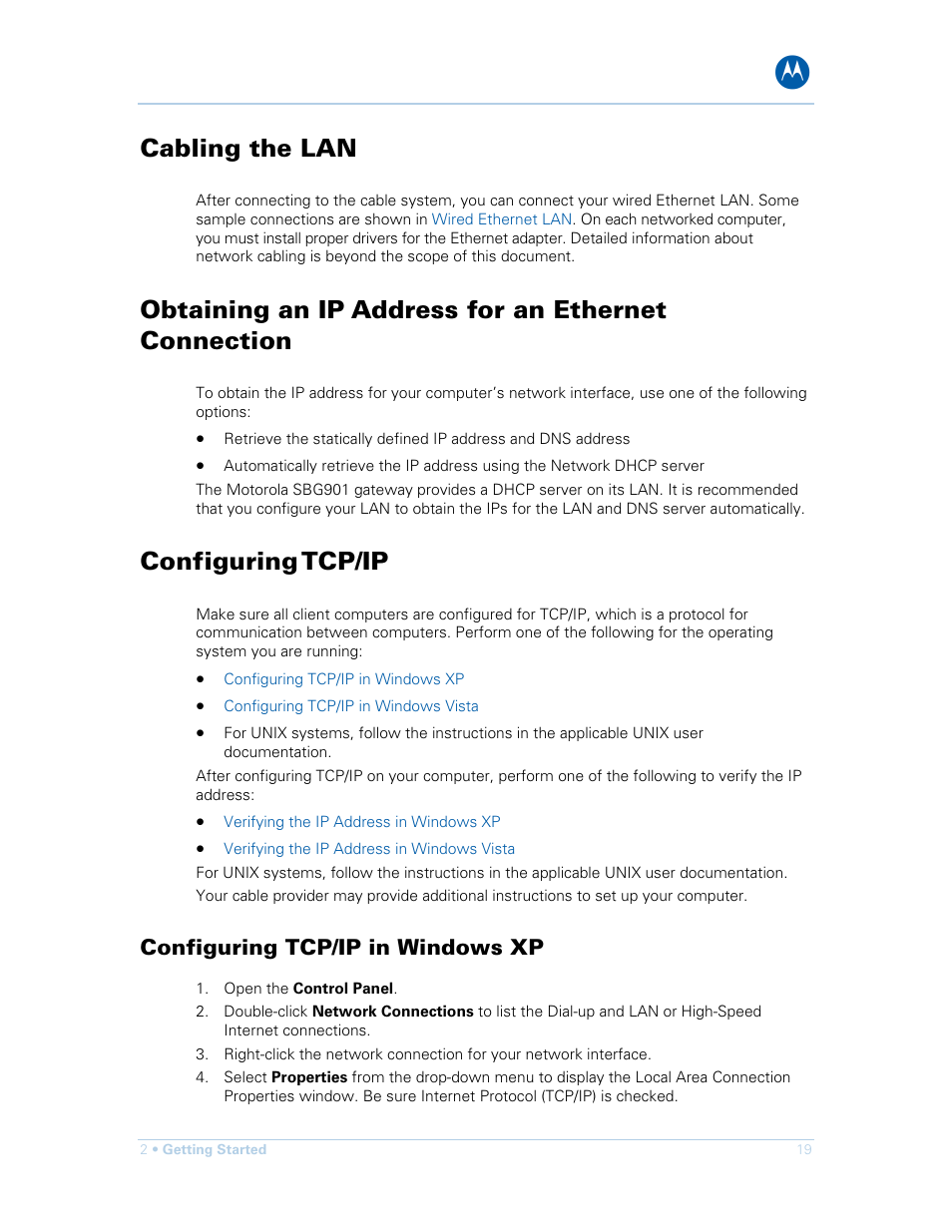 Cabling the lan, Obtaining an ip address for an ethernet connection, Configuring tcp/ip | Configuring tcp/ip in windows xp | Motorola SURFboard SBG901 User Manual | Page 20 / 86