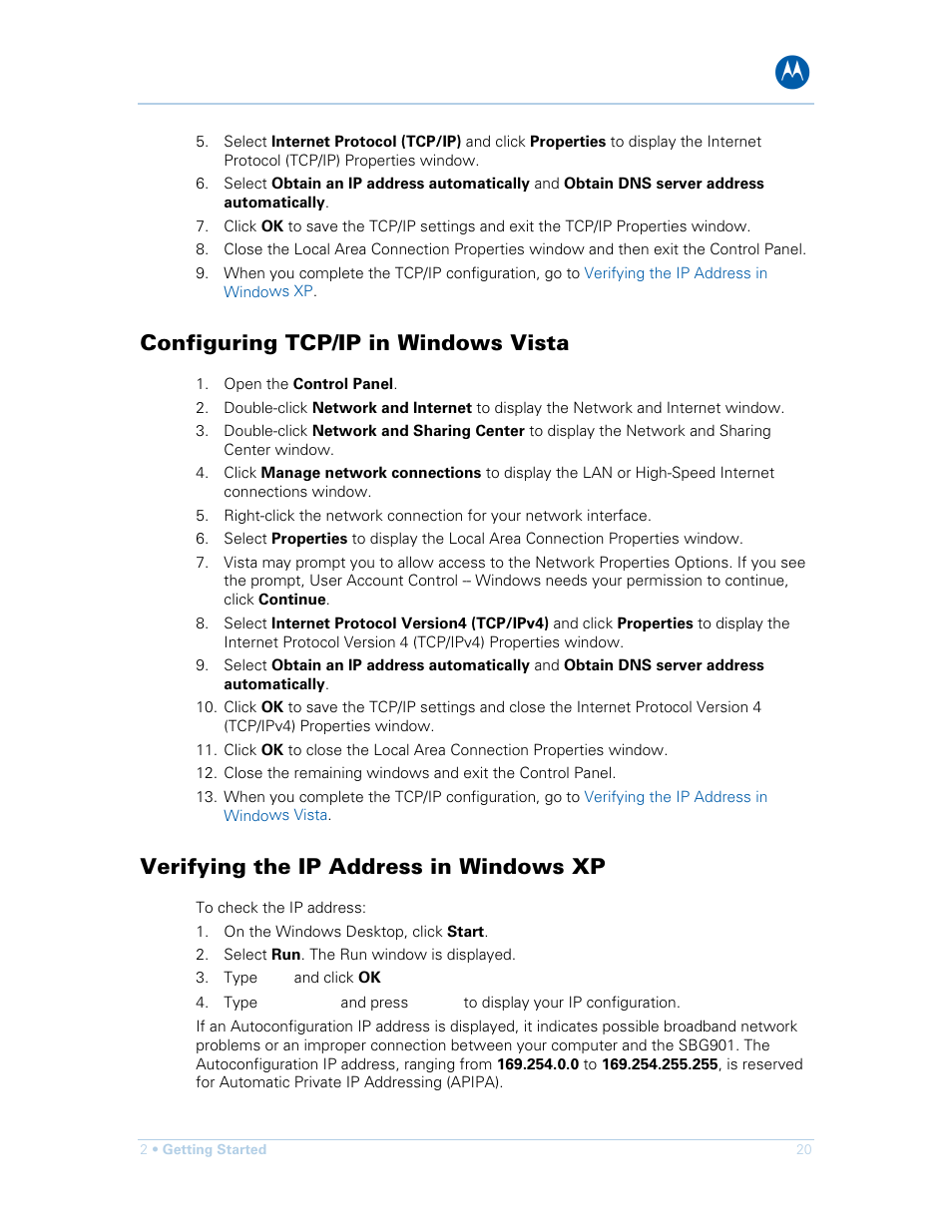 Configuring tcp/ip in windows vista, Verifying the ip address in windows xp | Motorola SURFboard SBG901 User Manual | Page 21 / 86