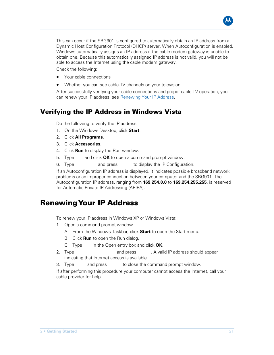 Verifying the ip address in windows vista, Renewing your ip address, Verifying the ip address in | Windows vista | Motorola SURFboard SBG901 User Manual | Page 22 / 86