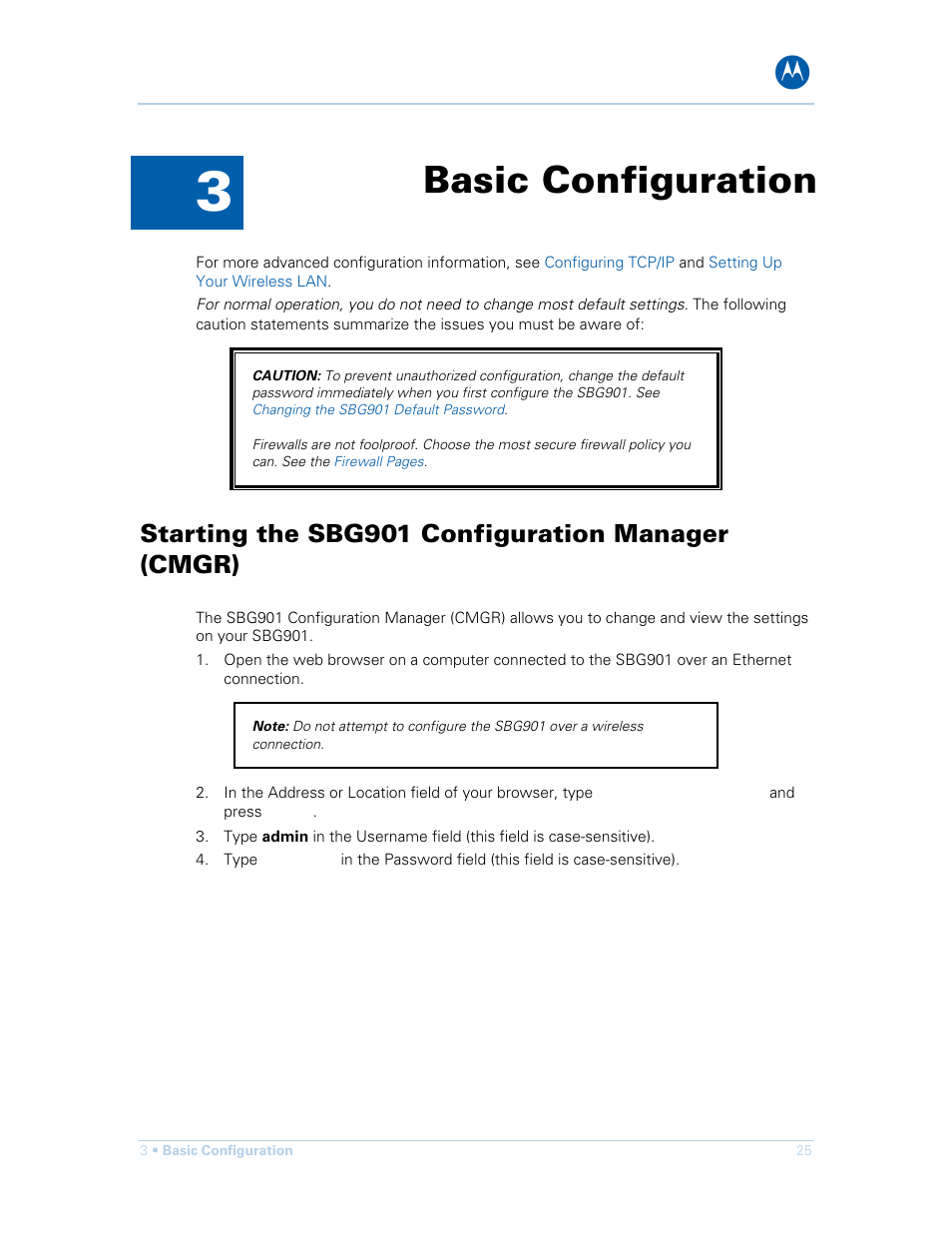 Basic configuration, Starting the sbg901 configuration manager (cmgr) | Motorola SURFboard SBG901 User Manual | Page 26 / 86