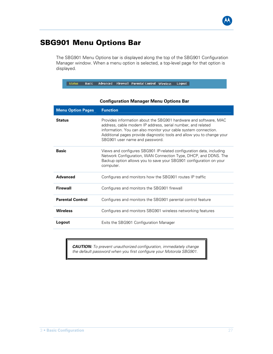 Sbg901 menu options bar | Motorola SURFboard SBG901 User Manual | Page 28 / 86