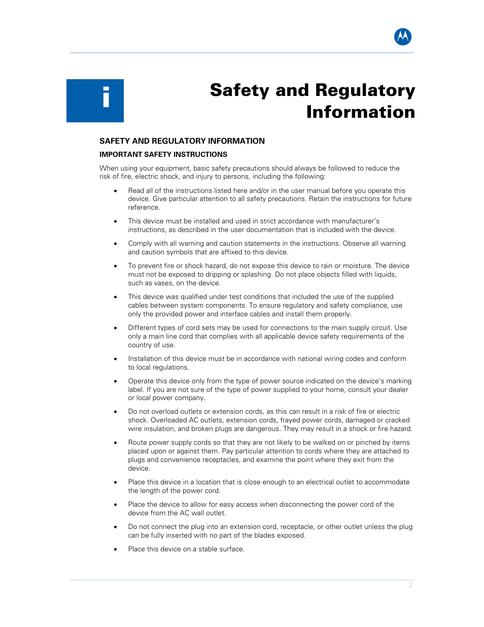 Safety and regulatory information | Motorola SURFboard SBG901 User Manual | Page 3 / 86