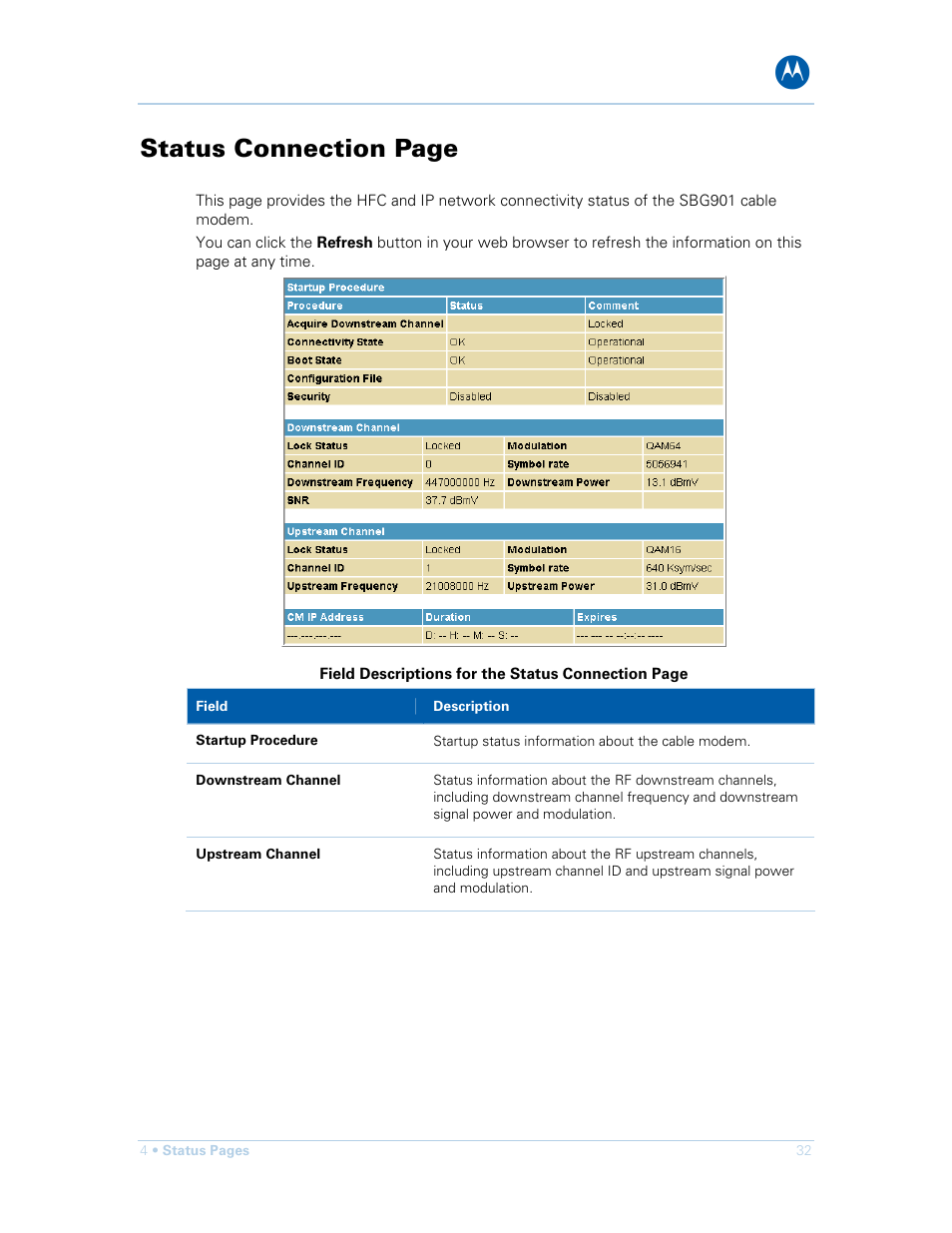 Status connection page | Motorola SURFboard SBG901 User Manual | Page 33 / 86