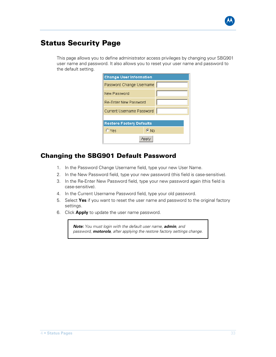 Changing the sbg901 default password, Status security page | Motorola SURFboard SBG901 User Manual | Page 34 / 86