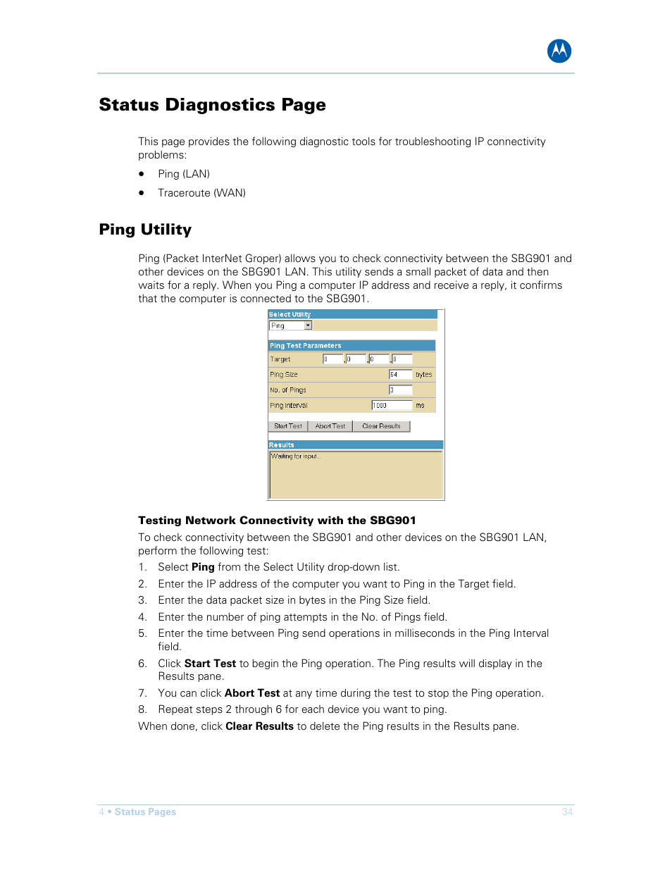 Ping utility, Testing network connectivity with the sbg901, Status diagnostics page | Motorola SURFboard SBG901 User Manual | Page 35 / 86